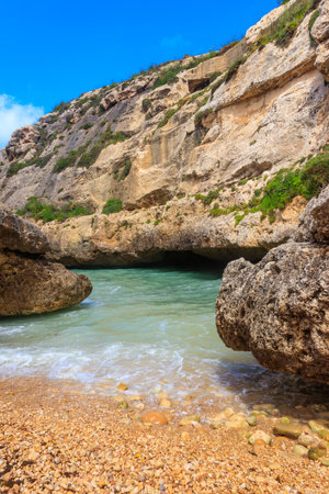 Beautiful view of Wied il-Ghasri (Ghasri valley) sea canyon on the north coast of Gozo Island, Maltaの写真素材