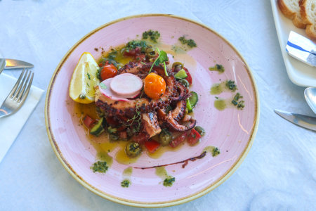 Delicious octopus dish served with lemon, vegetables and sauce in a restaurant. Top viewの写真素材