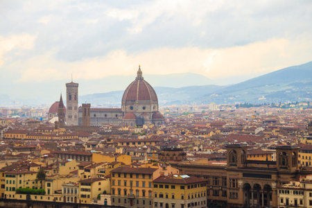 Florence Cathedral, formally the Cathedral of Saint Mary of the Flower as seen from Michelangelo Hill in Florence, Italyの写真素材