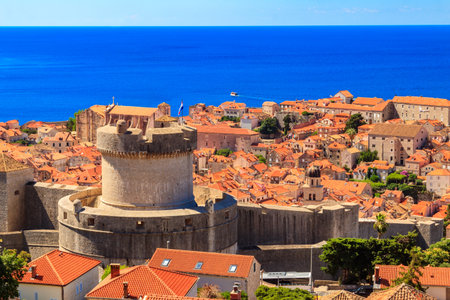 Aerial view of the old town of Dubrovnik and the Adriatic Sea, Croatiaの写真素材
