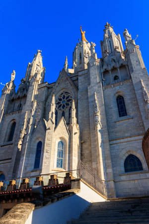 Expiatory Church of the Sacred Heart of Jesus on the summit of Mount Tibidabo in Barcelona, Catalonia, Spainの写真素材