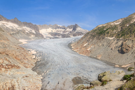The Rhone Glacier, the source of the Rhone River at Furka Pass in the Swiss Alps in canton of Valais, Switzerlandの写真素材