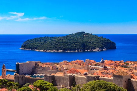 Aerial view of the old town of Dubrovnik, the Adriatic Sea and Lokrum Island, Croatiaの写真素材