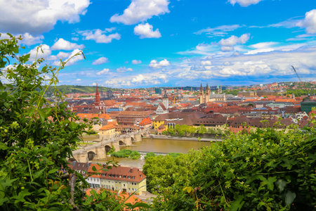 Aerial view of old town of Wurzburg, part of the Romantic Road, Franconia, Bavaria, Germanyの写真素材