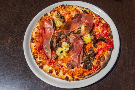 Delicious fresh pizza on a table. Top viewの写真素材