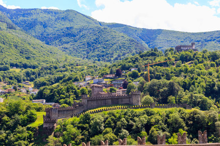 View of Montebello Castle and Sasso Corbaro Castle in Bellinzona, Switzerland. UNESCO World Heritage Siteの写真素材