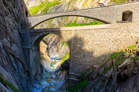 The Devil's Bridge (Teufelsbrucke) over of Schollenen Gorge (Schollenenschlucht) near Andermatt, Switzerlandの写真素材