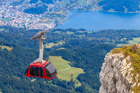 Overhead cable car to the top of Mount Pilatus in Canton Lucerne, Switzerlandの写真素材