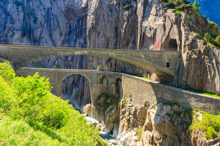 The Devil's Bridge (Teufelsbrucke) over of Schollenen Gorge (Schollenenschlucht) near Andermatt, Switzerlandの写真素材