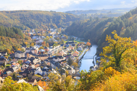 View of historical Vianden city and the Our river at autumn in Luxembourg. View from Vianden castleの写真素材