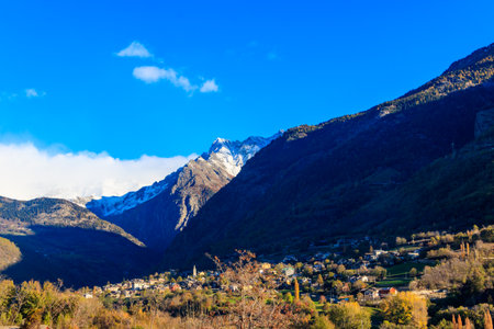 Beautiful autumn landscape in the Aosta Valley mountainous region in northwestern Italyの写真素材