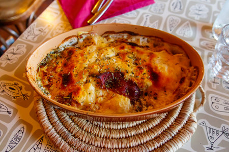Potato gratin with duck meat, cheese and rosemary on a table. Traditional french dish