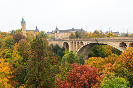 Scenic autumn view of Adolphe Bridge in Luxembourg city, Luxembourgの写真素材
