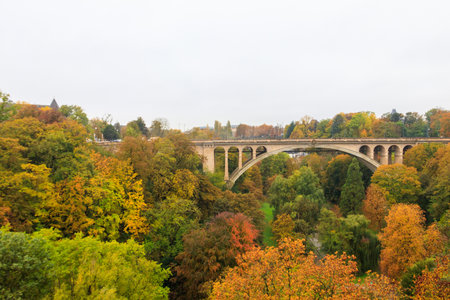 Scenic autumn view of Adolphe Bridge in Luxembourg city, Luxembourgの写真素材