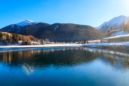 View of Davos lake in Graubunden canton, Switzerland