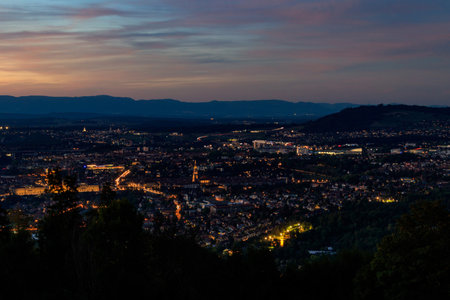 Aerial night view of Bern city from Gurten mountain, Switzerlandの写真素材