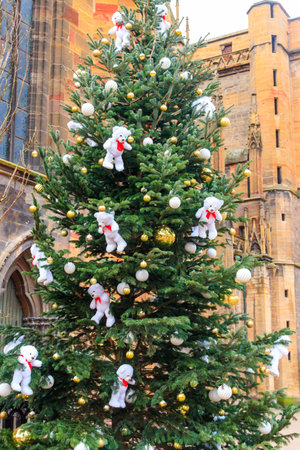 Christmas tree decorated with teddy bears and baubles in Colmar, Alsace, Franceの写真素材