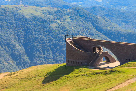 Santa Maria degli Angeli Chapel on the Monte Tamaro by the Swiss architect Mario Botta in Canton Ticino, Switzerlandの写真素材
