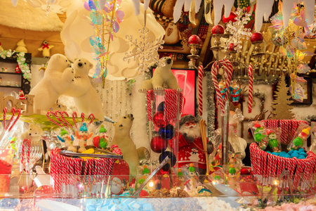 Christmas market stall with different sweets in Montreux, Switzerlandの写真素材