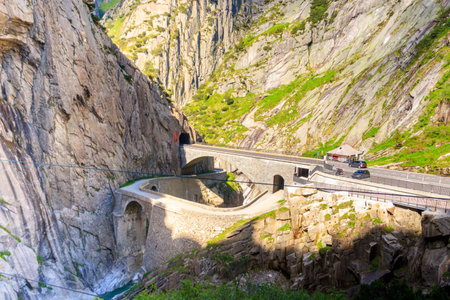 The Devil's Bridge (Teufelsbrucke) over of Schollenen Gorge (Schollenenschlucht) near Andermatt, Switzerlandの写真素材