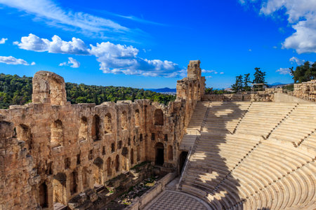 Odeon of Herodes Atticus is a stone Roman theatre structure located on the southwest slope of the Acropolis of Athens, Greeceの写真素材