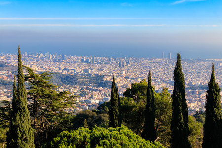 Skyline of Barcelona from Tibidabo mountain, Spainの写真素材