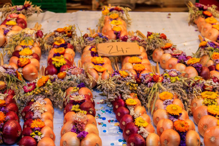 Onions trade at traditional annual swiss festival Zibelemaerit Holiday (Onion Market) in Bern, Switzerlandの写真素材