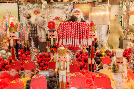 Christmas market stall with different sweets in Montreux, Switzerland