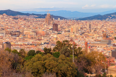 View of Barcelona city from the mountain Montjuic in Catalonia, Spain