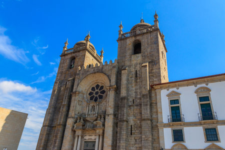 Facade of the Porto Cathedral (Cathedral of the Assumption of Our Lady) in Porto, Portugalの写真素材