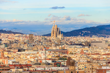 View of Barcelona city from the mountain Montjuic in Catalonia, Spainの写真素材