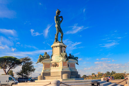 Bronze copy of Michelangelo's David on Michelangelo Hill in Florence, Italyの写真素材