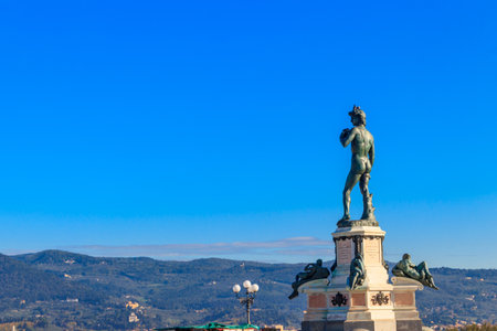 Bronze copy of Michelangelo's David on Michelangelo Hill in Florence, Italyの写真素材