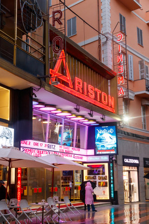 Sanremo, Italy - March 1, 2024: Facade view by night of Ariston Theater in Sanremo, Italyのeditorial素材