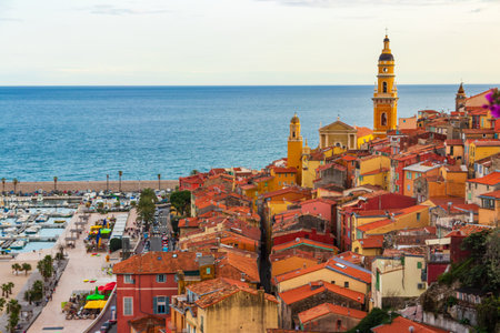 View of old town of Menton, French Riviera, Franceの写真素材