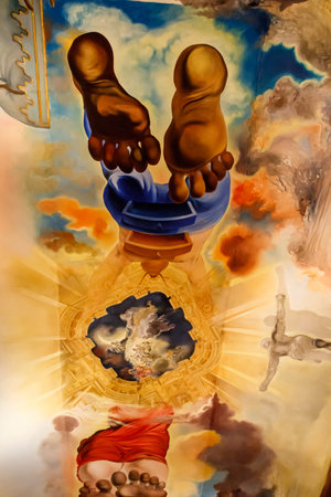 Figueres, Spain - March 20, 2024: Ceiling Frescoes by Salvador Dali, featuring giant, barefoot figures of Dali and Gala at Palace of the Wind in Dali Theater-Museum in Figueres, Spainのeditorial素材