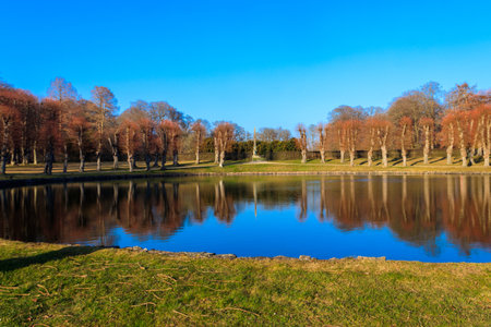 View of Frederiksborg castle park lake, Denmarkの写真素材