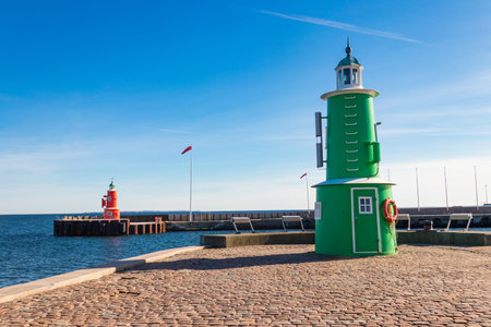 Lighthouses at the entrance of Helsingor (Elsinore) harbour, Denmarkの写真素材