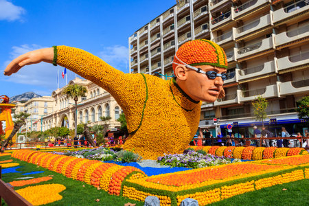 Menton, France - February 29, 2024: Sculpture made of lemons and oranges in famous Lemon Festival  (Fete du Citron) in Menton, French Riviera, Franceのeditorial素材