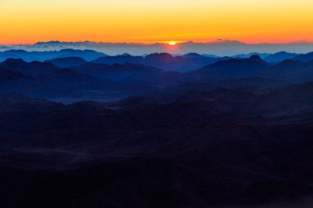Beautiful sunrise on a top of Mount Sinai (Moses Mount) in Egyptの写真素材