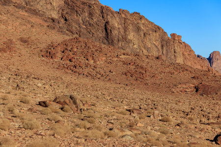View of the rocky Sinai mountains and desert in Egyptの写真素材