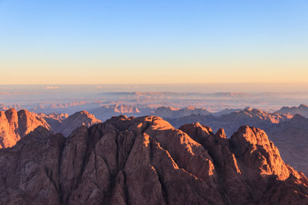 View of the rocky Sinai mountains and desert from Mount Sinai (Moses Mount) in morning in Egyptの写真素材