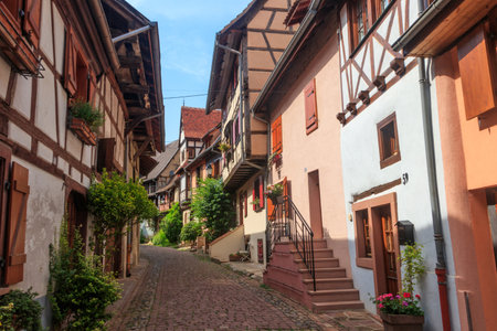 Street with picturesque colorful half-timbered houses in the medieval village of Eguisheim, Alsace, France. Village is ranked in the top 20 of Les Plus Beaux Villages de France. Alsace wine routeの写真素材