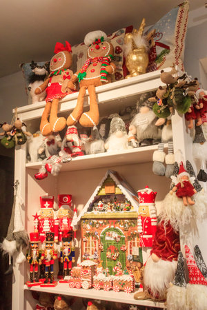 Christmas and New Year's toys in a store. Festive winter Christmas tradeの写真素材