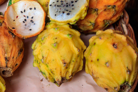 Fresh dragon fruits on a market stallの写真素材