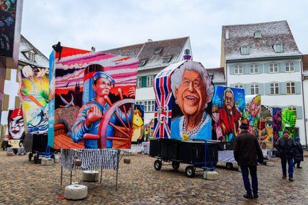 Basel, Switzerland - February 28, 2023: Cathedral square with carnival lantern exhibition during annual traditional carnival in Basel, Switzerlandのeditorial素材