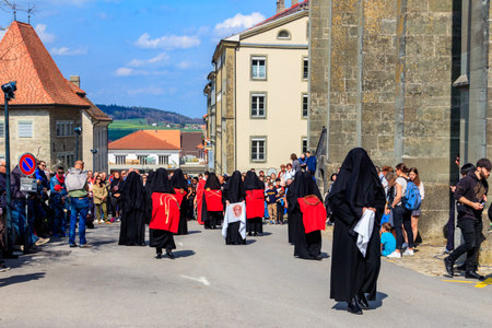 Romont, Switzerland - April 15, 2022: Good Friday Procession in Romont, Fribourg canton, Switzerlandのeditorial素材