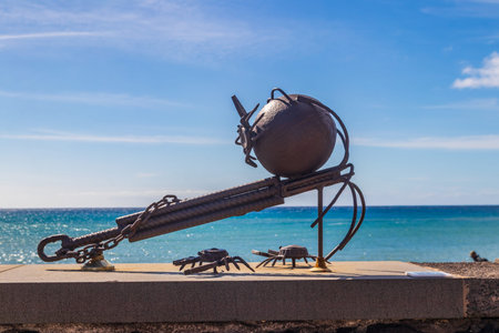 Puerto de Tazacorte, La Palma, Spain - January 19, 2026: Small iron sculpture on a promenade in Puerto de Tazacorte on La Palma island, Canary, Spainのeditorial素材