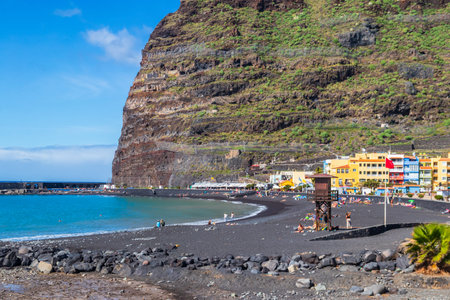 Puerto de Tazacorte, La Palma, Spain - January 19, 2026: View of Puerto de Tazacorte Beach with black lava sand on La Palma island, Canary, Spainのeditorial素材