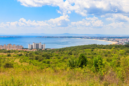 Aerial view of bay of sea resorts Sveti Vlas, Sunny Beach and Nessebar on the Black Sea coast in...